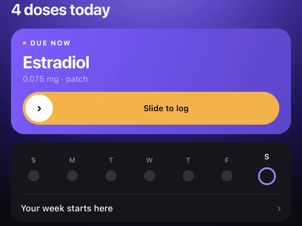Lumara's Today screen: five doses today, a due-now card for Vitamin B12 with a slide-to-log control, and the week's dose history with one dose missed on Monday.