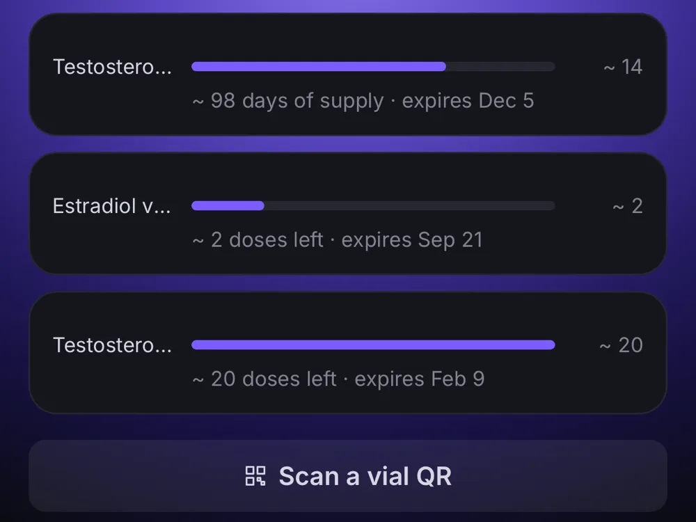 A Lumara vial vault listing three vials with their days of supply and expiry dates, one flagged amber to reorder soon.