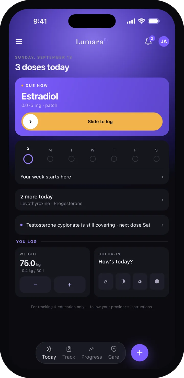 The Lumara Today screen on a hormone protocol — the next dose due, the week behind it, and an energy check-in.