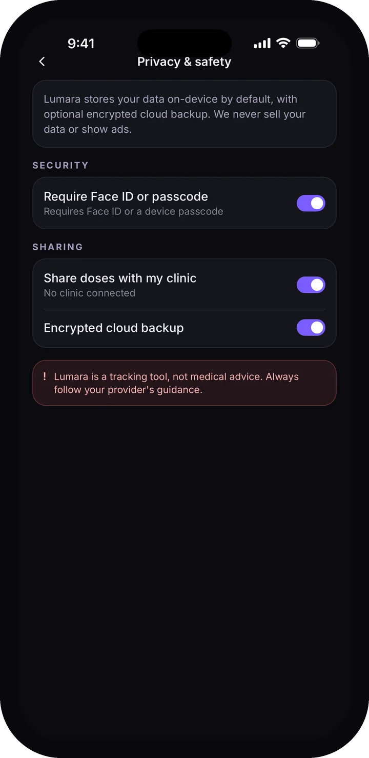 A phone showing Lumara's privacy and data controls screen