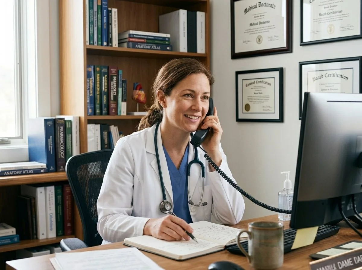 A clinician in a white coat sitting at her office desk, on the phone and taking notes in an open notebook.