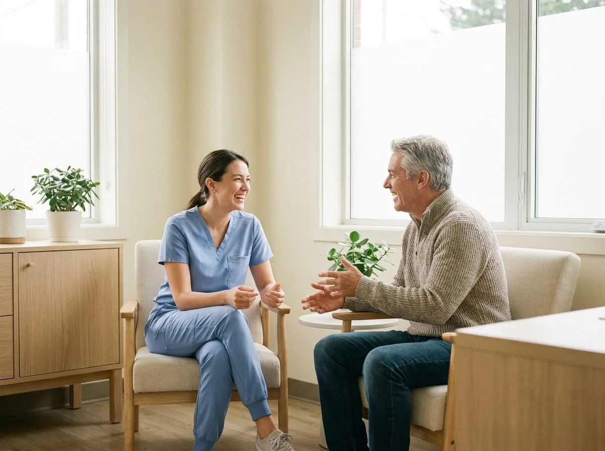 A patient and a clinician talking in a bright office.